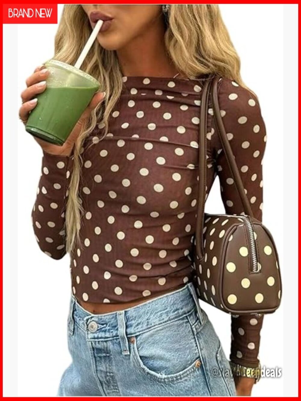 Long Sleeve Crop Top Boat Neck Polka Dots Fitted T-Shirt Slim Fit Y2K